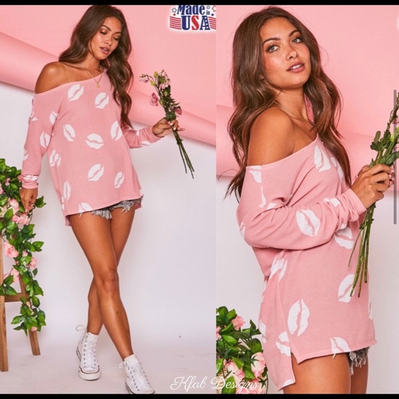 New! Sale!🔥 Barbie Pink w/ Lips Asymmetrical Cut Out Shoulder Cold Shoulder Top - Picture 5 of 9